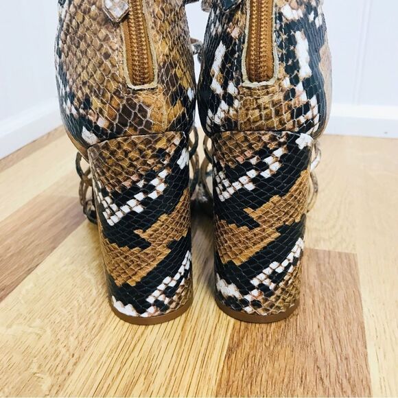 SCHUTZ Juliana Leather Caged Block Heel Sandal Snake Embossed Tan Black Size 7.5 - Picture 6 of 14